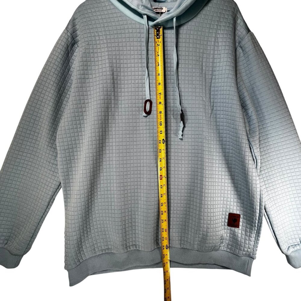 NEW Coofandy XL Light Blue Grid Pattern Hoodie Drawstrings Faux Leather Patch - Picture 10 of 10